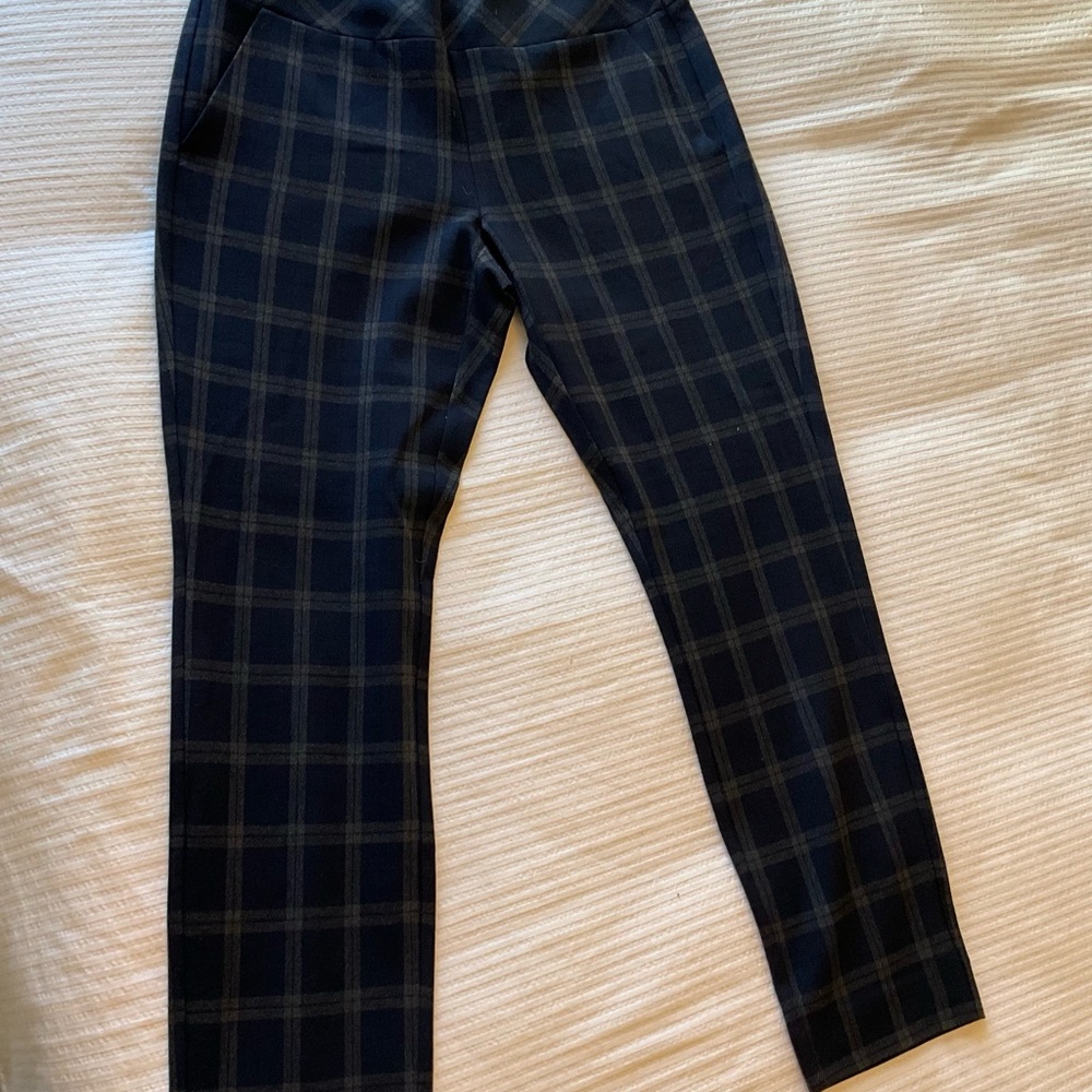 CAbi Navy and Tan Plaid Stretcher Trousers